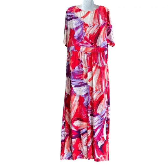 NY COLLECTION Maxi Dress Plus Sz 2X Floral Multicolor Knit Short Sleeve V-neck - Picture 2 of 4